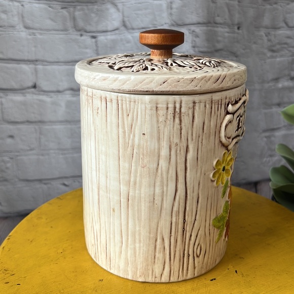 Treasure craft flour floral canister retro vintage 60s 70s BoHo bohemian wood - Picture 2 of 10